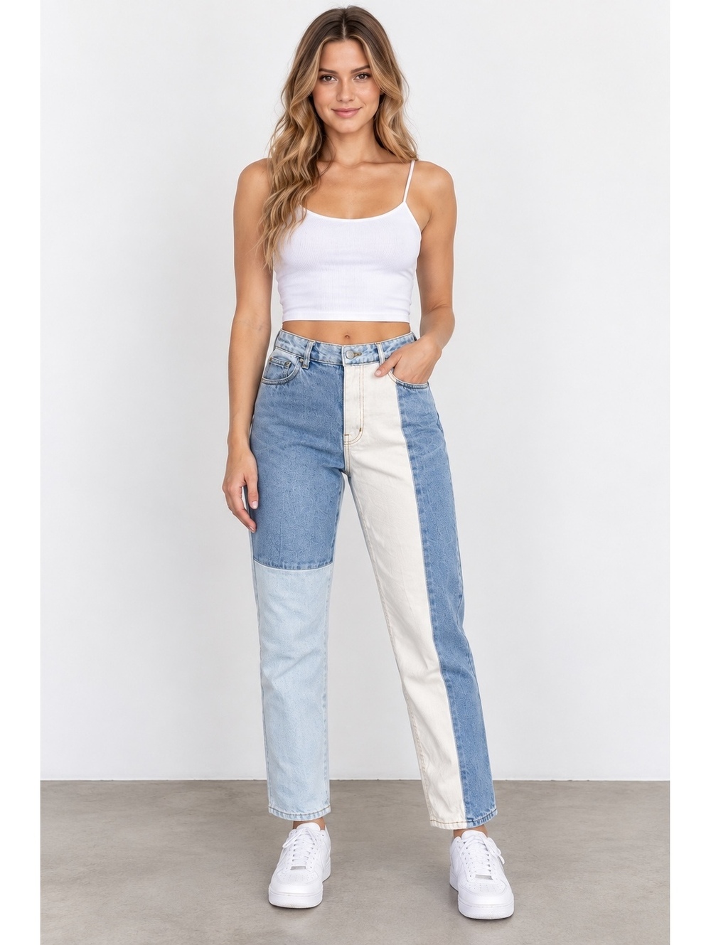 Pacsun Mom Jeans Womens 28 Colorblock Patchwork High Rise Denim Blue White